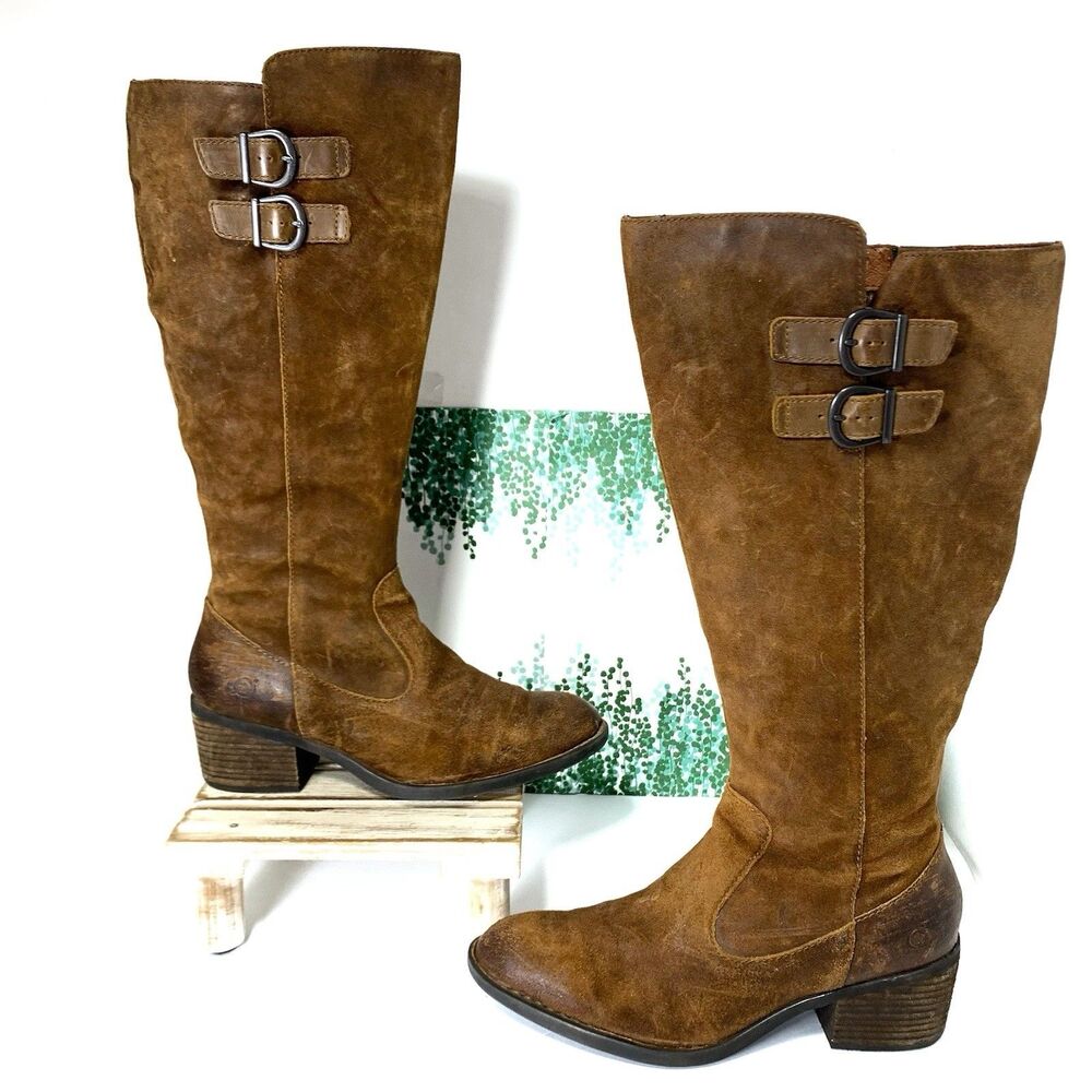 Born Suede Leather Distressed Tall Stacked Heel Boots Size 8 Womens